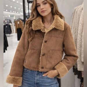 NWOT Zara MUSTHAVE Double-faced Cropped Faux Suede Shearling Jacket Size small